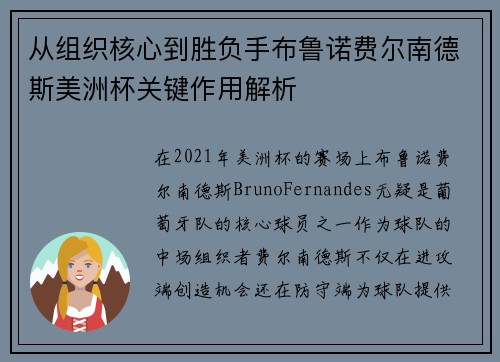 从组织核心到胜负手布鲁诺费尔南德斯美洲杯关键作用解析