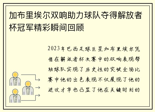 加布里埃尔双响助力球队夺得解放者杯冠军精彩瞬间回顾