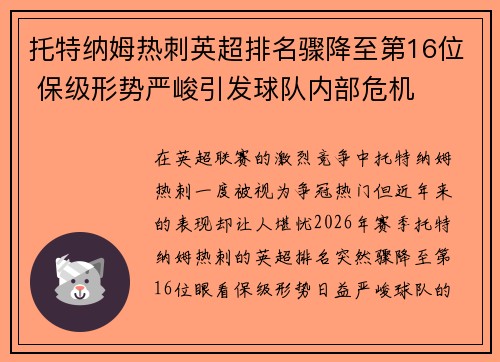 托特纳姆热刺英超排名骤降至第16位 保级形势严峻引发球队内部危机